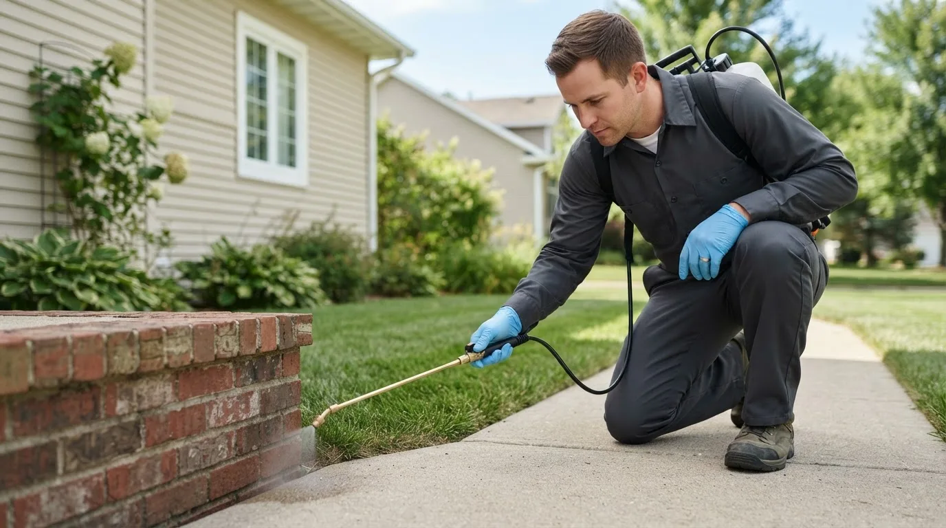 Pest control technician treating a home near Schertz, TX
